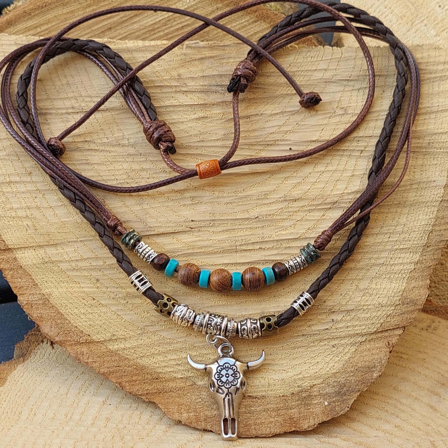 Gothic Bull Skull Jewelry Set - Leather Choker Necklace & Earrings Western Style