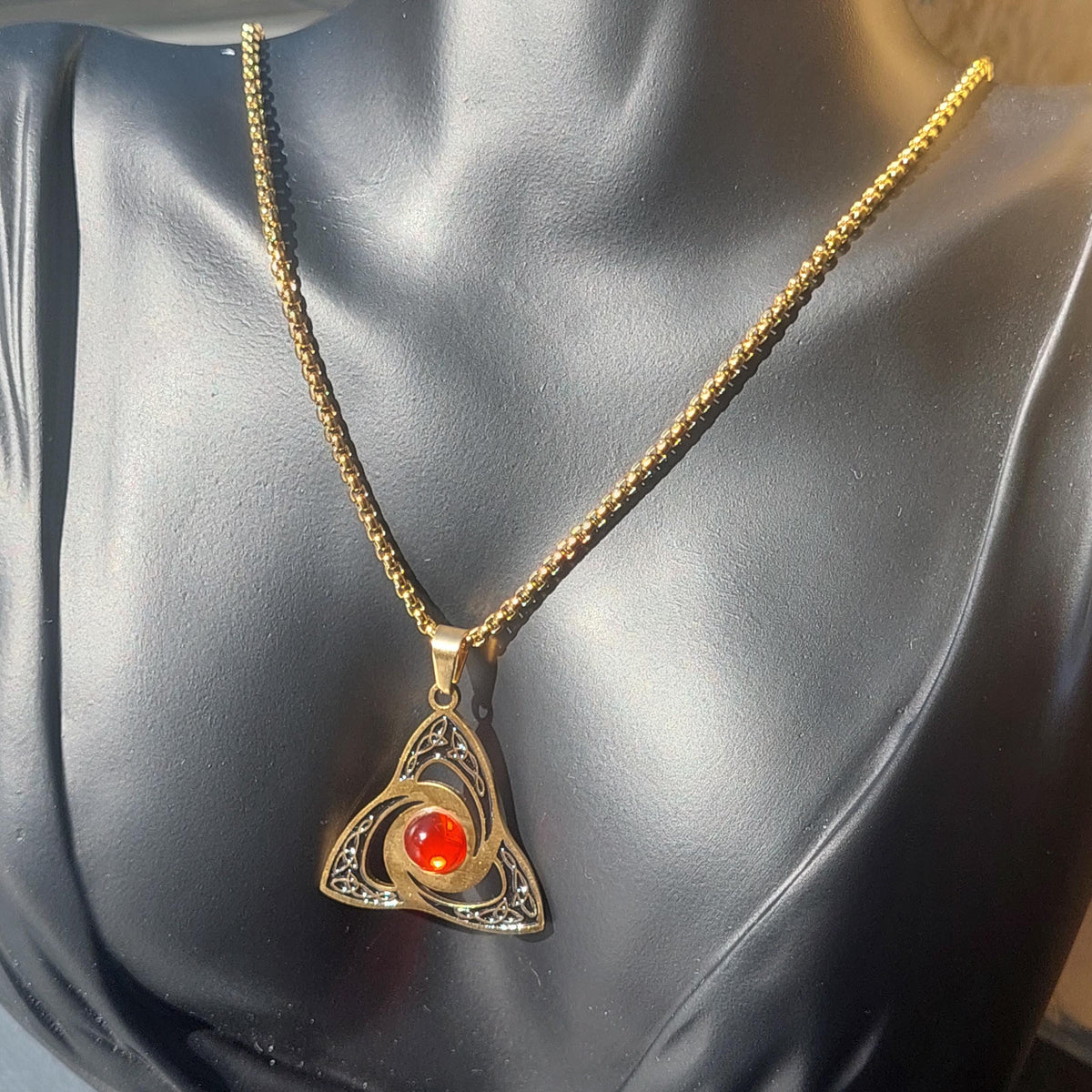 Celtic Triquetra Wicca Pendant Necklace, Dark Red Cabochon