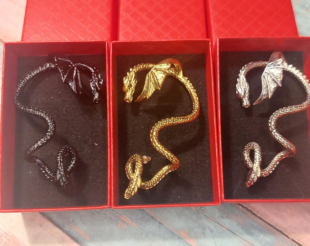 Gothic Dragon Ear Cuff Set | Gold, Silver & Black Fantasy Jewelry for Men & Women | Gothic Gift Accessory