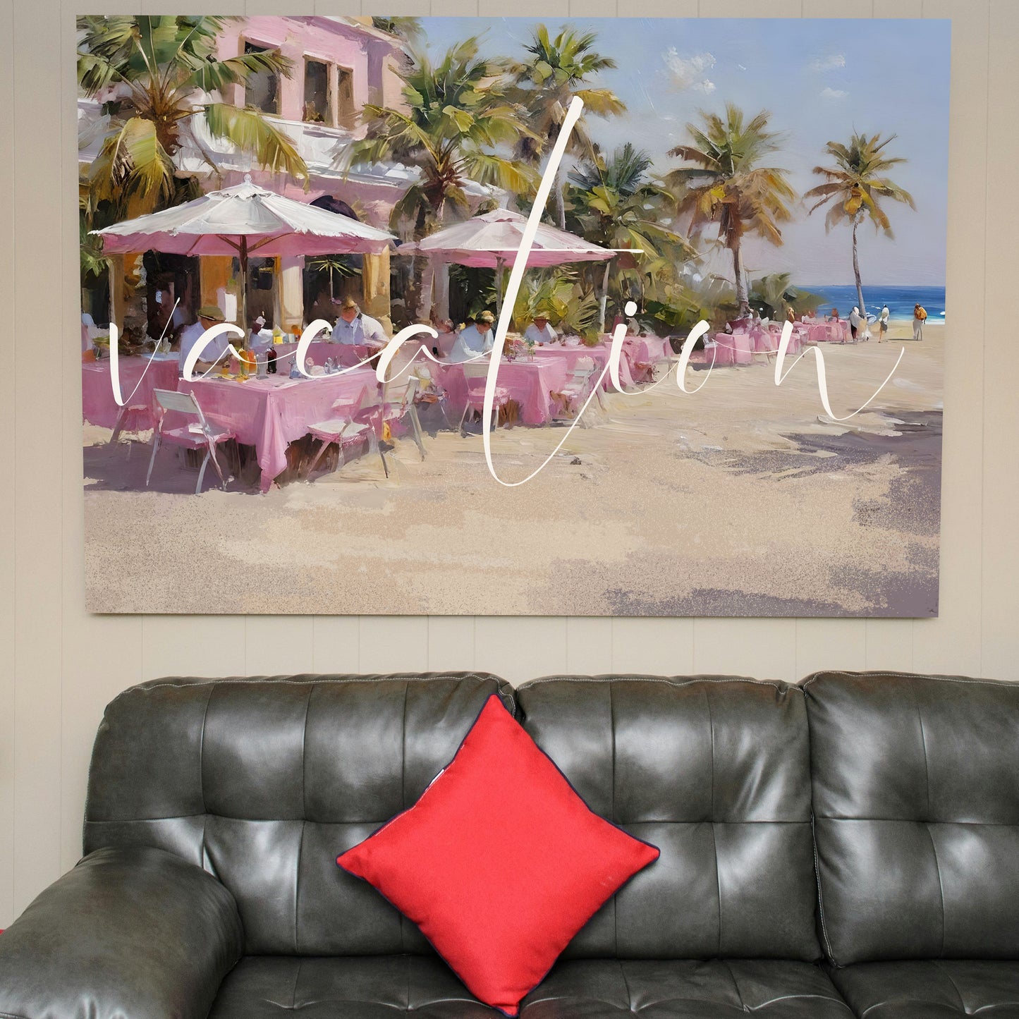 Retro Beach Bar Watercolor Wall Art – Pink Seaside Vacation Poster | Digital Download