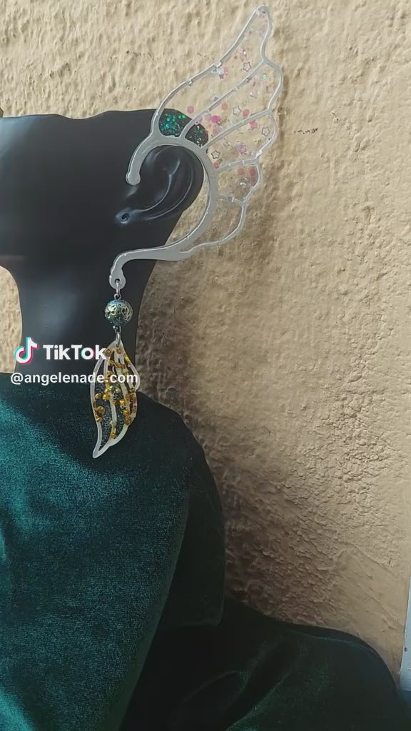 Handmade elf fairy ear cuffs with silver leaves &amp; violet butterflies. Lightweight, no piercing, perfect for fantasy lovers &amp; magical cosplay looks