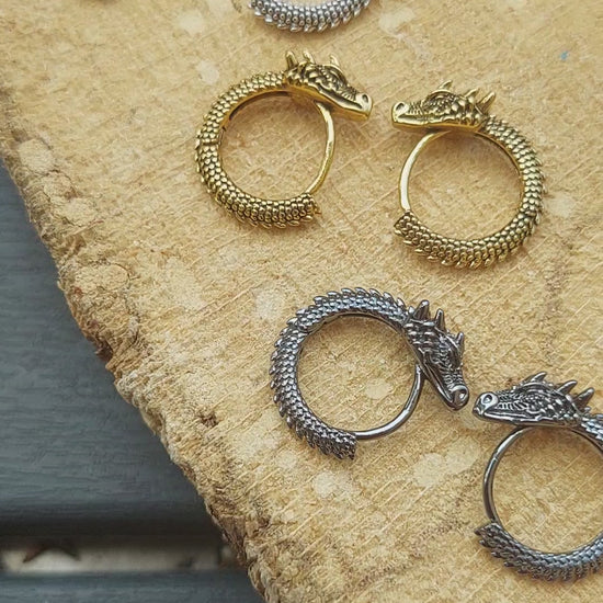 Gothic Dragon Hoop Earrings, Gold, Silver, Black, Fantasy Jewelry