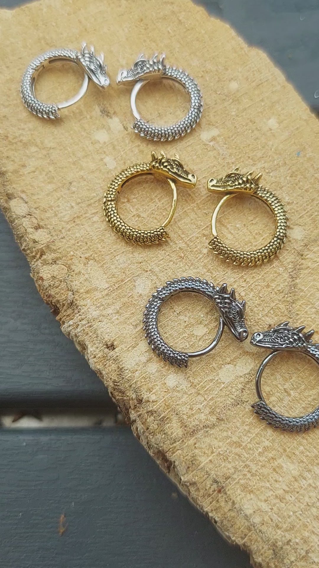 Gothic Dragon Hoop Earrings, Gold, Silver, Black, Fantasy Jewelry