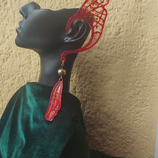 Unique fairy ears Red Resin Elf Ears with Crystals &amp; Golden Lava Beads – Stained Glass Fantasy Ear Cuffs, Limited Edition