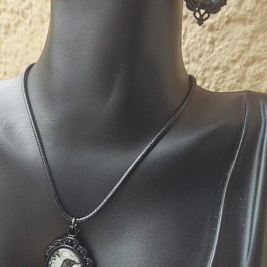 Gothic Black Raven Jewelry Set, Cameo Earrings, Pendant Necklace