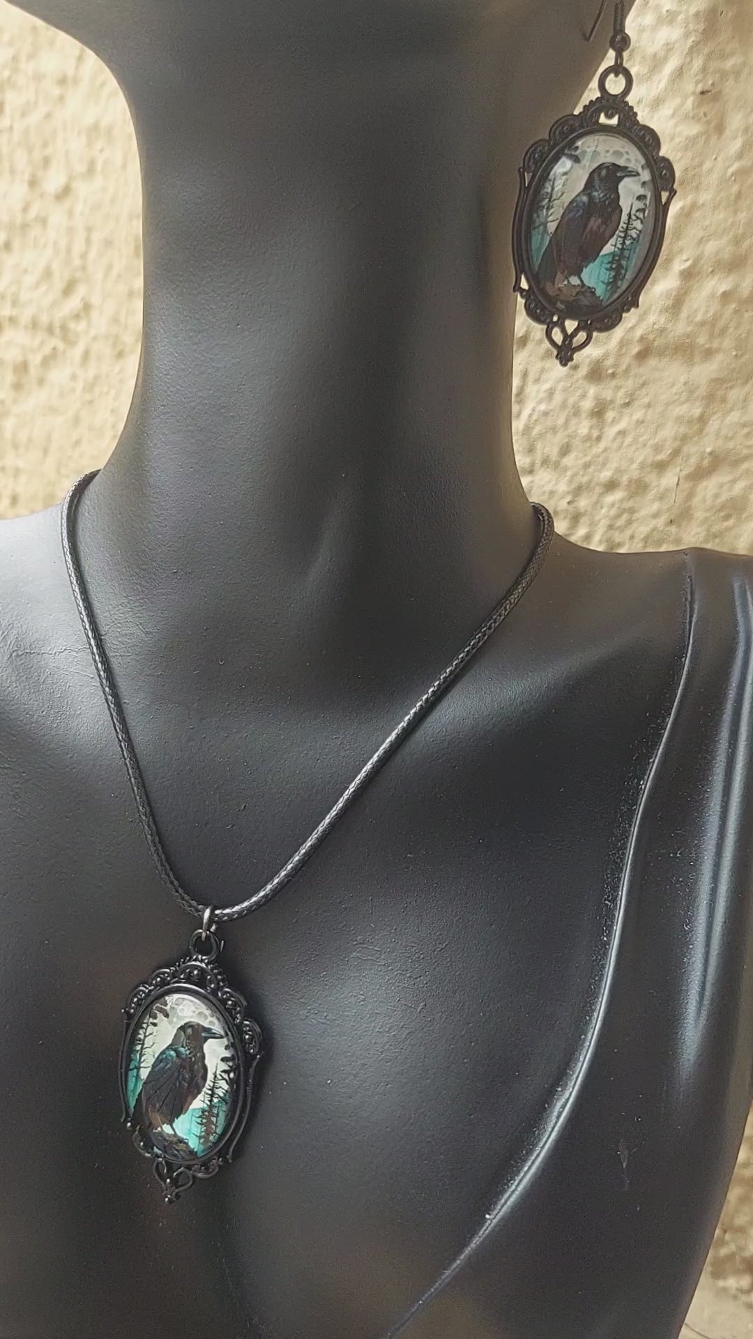 Gothic Black Raven Jewelry Set, Cameo Earrings, Pendant Necklace