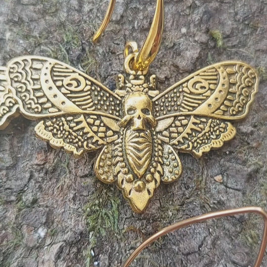 Gothic Skull, Butterfly Earrings, Antique Gold Handmade Jewelry