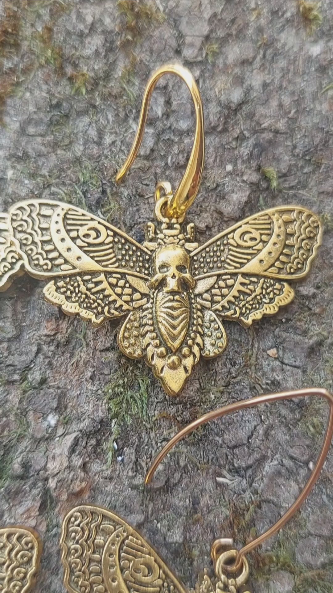 Gothic Skull, Butterfly Earrings, Antique Gold Handmade Jewelry