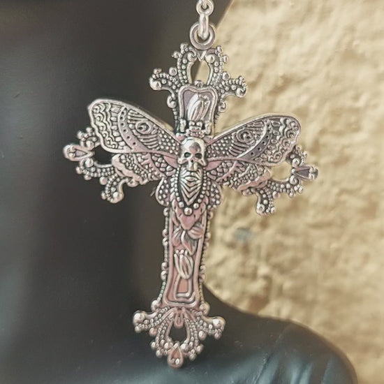 Gothic Cross Earrings with Skull Moth – Statement Silver Jewelry