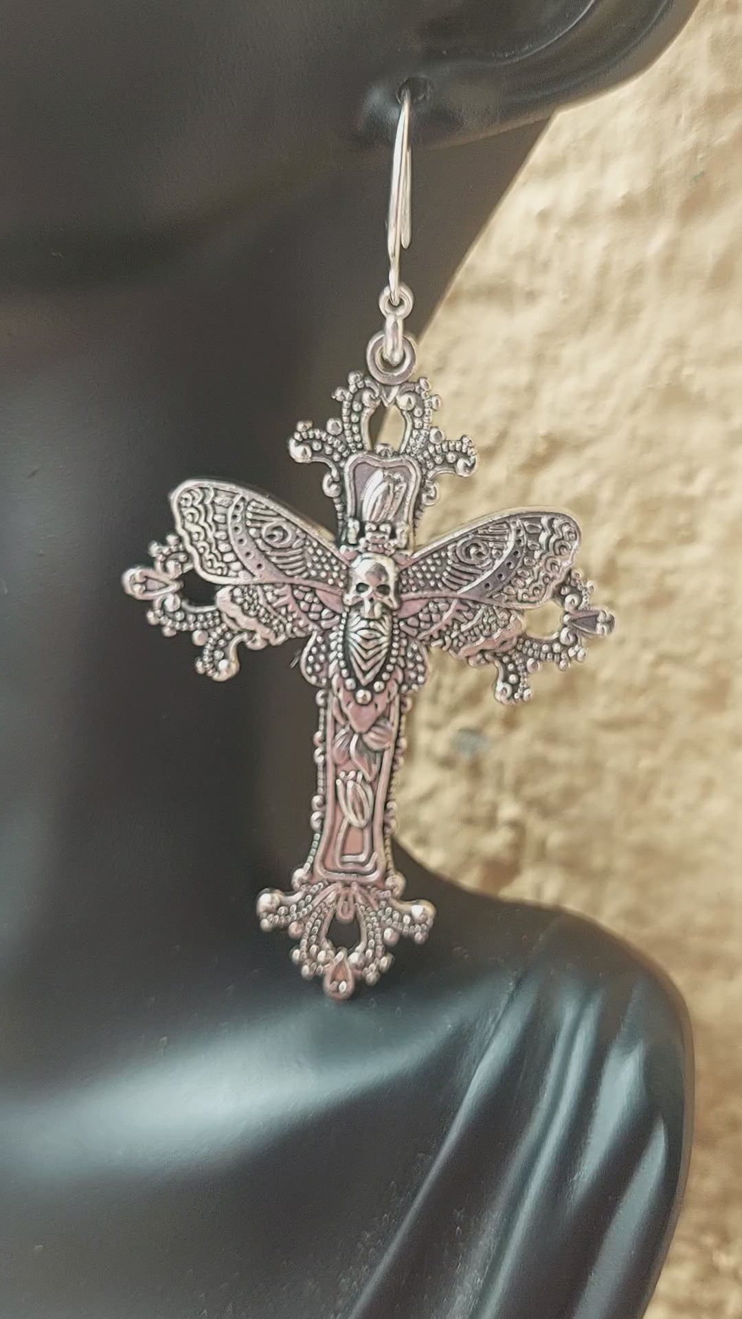 Gothic Cross Earrings with Skull Moth – Statement Silver Jewelry