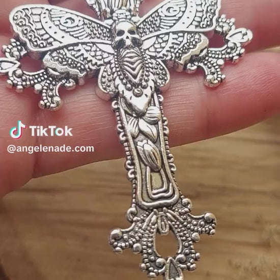 Gothic Cross Earrings with Skull Moth – Statement Silver Jewelry