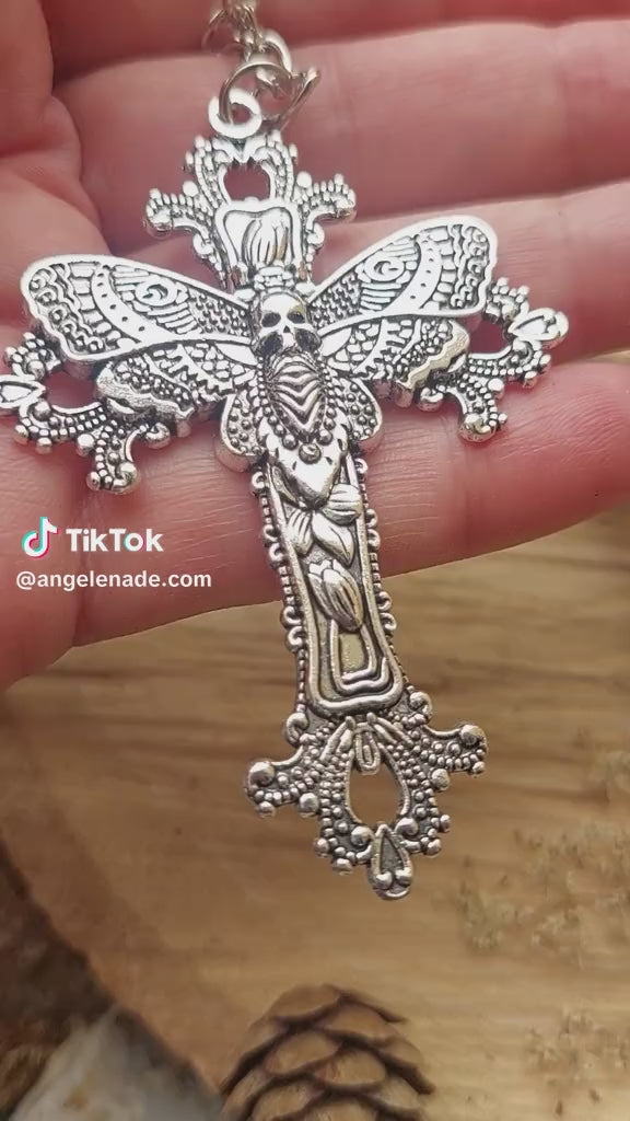 Gothic Cross Earrings with Skull Moth – Statement Silver Jewelry