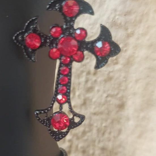 Gothic Jewelry Set, Black Cross Earrings, Red Crystal Amulet Necklace, Dark Fantasy Gift