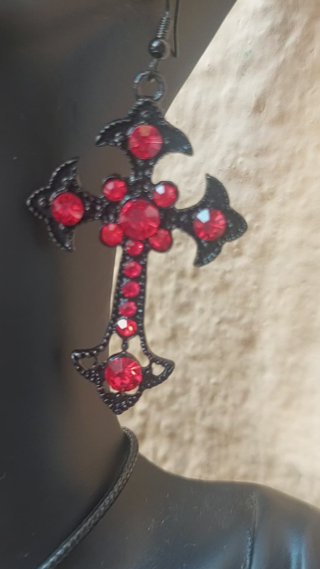 Gothic Jewelry Set, Black Cross Earrings, Red Crystal Amulet Necklace, Dark Fantasy Gift